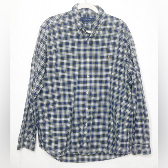 Polo Ralph Lauren Classic Oxford Shirt Men’s Plaid Blue Label Size L Maize Blue - Picture 1 of 8